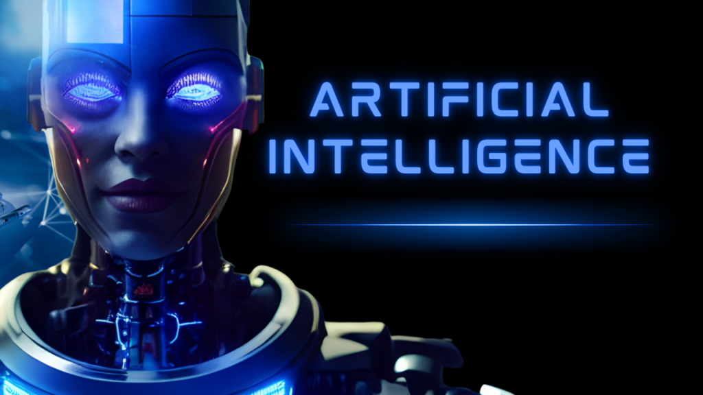 A futuristic robot with glowing blue eyes representing artificial intelligence (AI), accompanied by the text 'Artificial Intelligence' in bold blue font on a dark background.