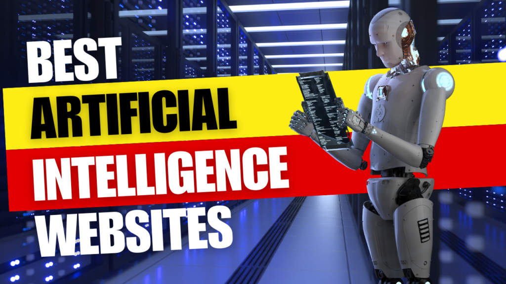 A humanoid robot reading a tablet in a data center with the text 'Best Artificial Intelligence Websites' displayed in bold letters across a yellow and red banner.